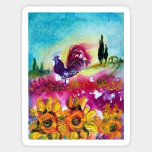 SUNFLOWERS, POPPIES AND BLACK ROOSTER IN BLUE SKY Magnet